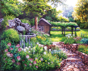 乡村花园小屋风景油画