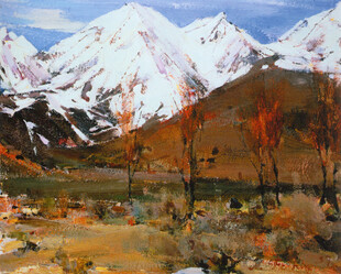 雪山秋野风景油画
