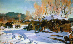 冬日雪村木屋风景油画