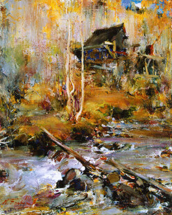 秋林溪畔小屋风景油画
