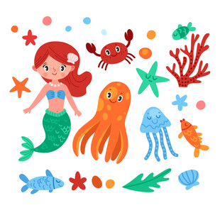 可爱海底美人鱼插画