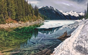雪山下的森林湖泊风光