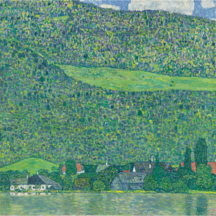 青绿湖畔村落风景油画