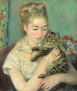 少女抱猫油画