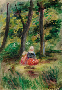 林间休憩女子油画