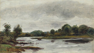 河畔阴天风景水彩画
