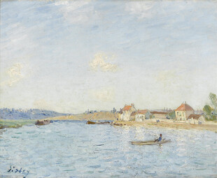 河畔村居风景油画