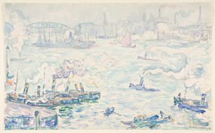 港湾停泊船只水彩画