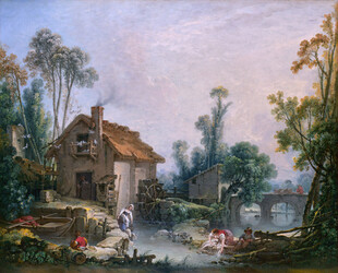 河畔乡村小屋风景油画