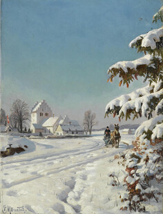 冬日乡村雪景油画