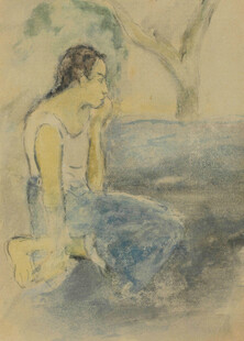 临水沉思女子水彩画