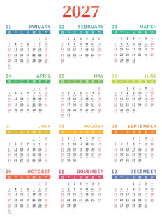 2027年全年彩色日历