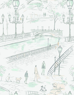 淡彩河畔休闲街景插画