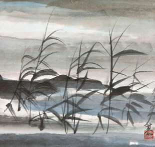 水墨湖畔芦苇风景