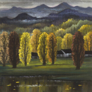 秋日湖畔山野风景油画