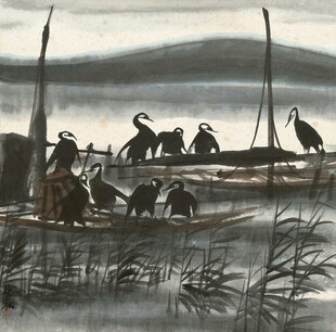 水乡鸬鹚写意水墨画