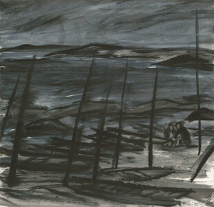 水墨湖畔泊船风景
