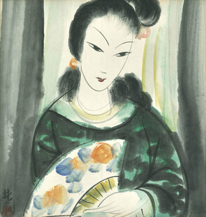 执扇古典仕女水墨画
