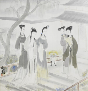 水墨仕女游园图
