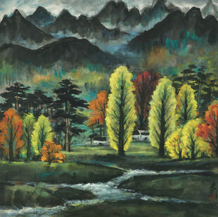 秋山彩林溪流风景图