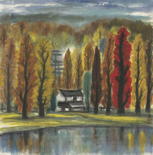 秋林湖畔小屋风景油画