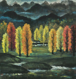 秋林乡居风景油画