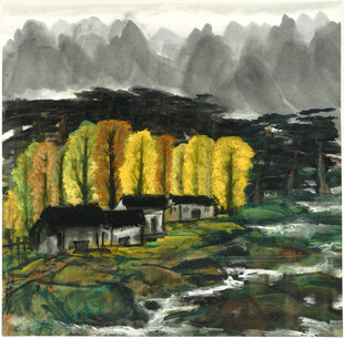 乡村秋景水墨国画