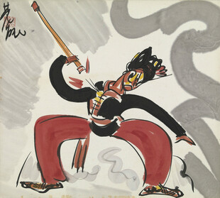 戏曲武生耍棍写意画