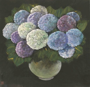 绣球花束静物油画