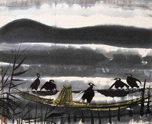 水乡渔舟鸬鹚水墨画