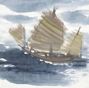 海上中式古帆船水彩画