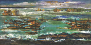 印象派海港风景油画