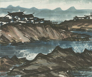 湖畔古村水墨山水图