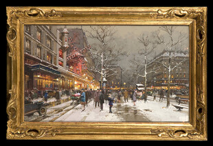 金框雪景街景油画