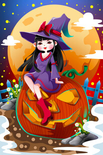 万圣夜小女巫坐南瓜灯