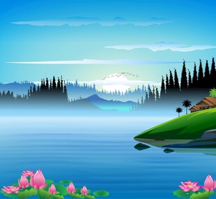 湖畔风景插画