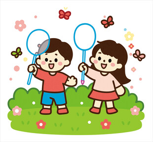 孩童户外捕蝶郊游卡通插画