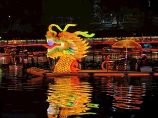 龙形花灯水中倒影