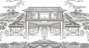 中式古典宫殿建筑线稿