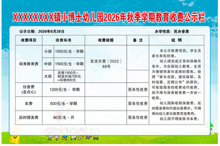 幼儿园秋季学期教育收费公示栏