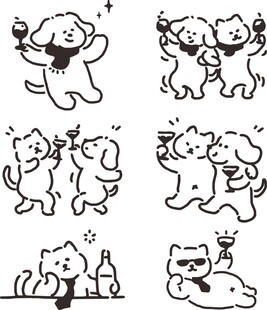 可爱猫狗举杯庆祝简笔插画