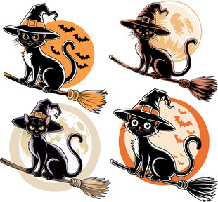 万圣节黑猫女巫插画