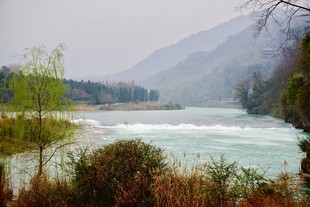 雾漫河畔山水风光