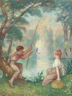 孩童湖畔垂钓油画