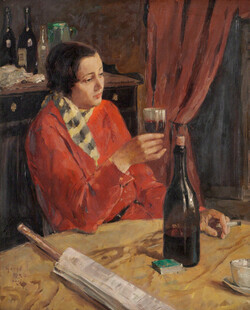 红衣女子品酒油画