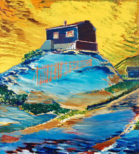 山坡小屋风景油画