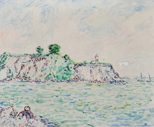 海边岛屿点彩风景油画