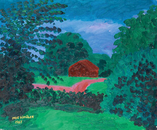 绿野红屋风景油画