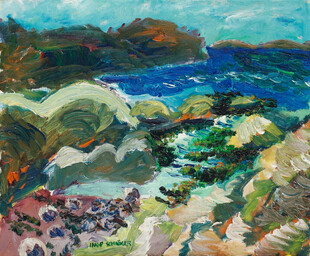 滨海村落风景油画