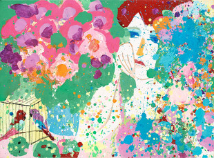 点彩风花丛少女插画